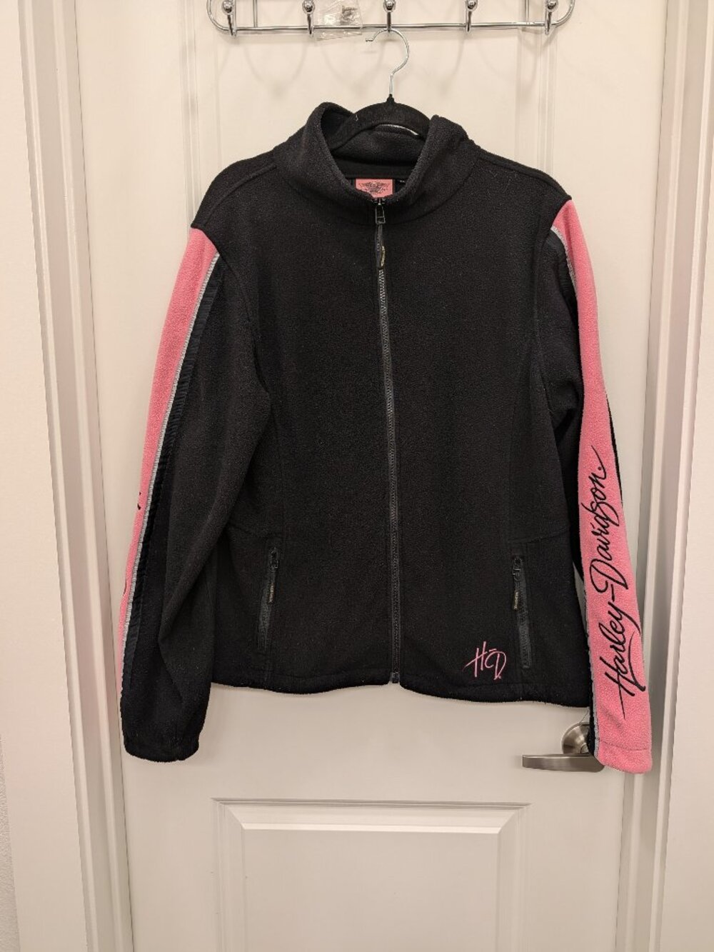 Harley-Davidson Black Pink Full Zip Fleece Jacket Mock Neck Pockets Women's XL